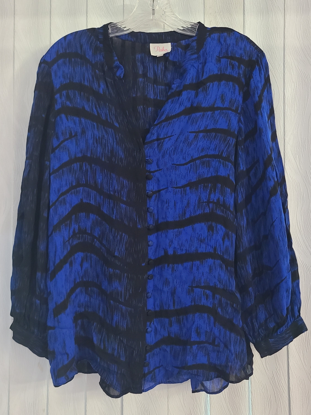 Parker Sz S Blue Black Zebra Animal Print Office Work Career Button Silk Blouse